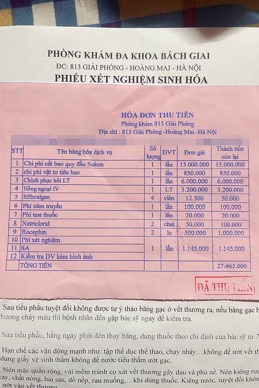 Hóa đơn thanh toán của chồng chị Linh tại phòng khám Bách Giai. Ảnh: Nhóm PV