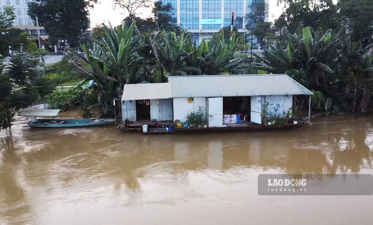 Những chiếc nhà bè chênh vênh bên dòng lũ. “Do đã có thông tin thủy điện xả lũ, nước sông lên cao nên nhà tôi đã phải gia cố lại nhà bè, lâu lắm rồi mới có đợt lũ lên cao thế này“, ông Lý Văn Tính, một người làm nghề nuôi cá lồng trên sông Lô cho hay.