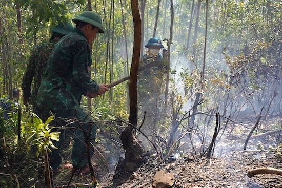 Đám cháy xảy ra ở khu vực địa hình vách núi cao, đường cơ động khó khăn, gió thổi mạnh, trời nắng nóng nên việc tiếp cận khá khó khăn. Ảnh: H. Thi